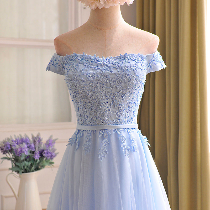 Blue tulle lace long prom dress, blue evening dress  8012