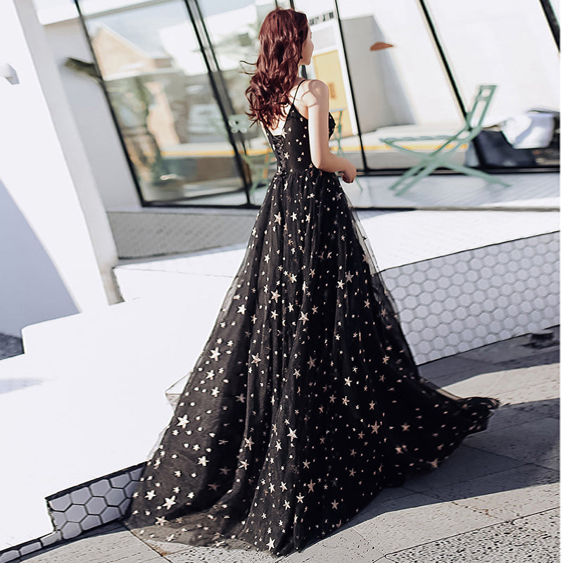 Black sweetheart neck tulle long prom dress, black evening dress  8089