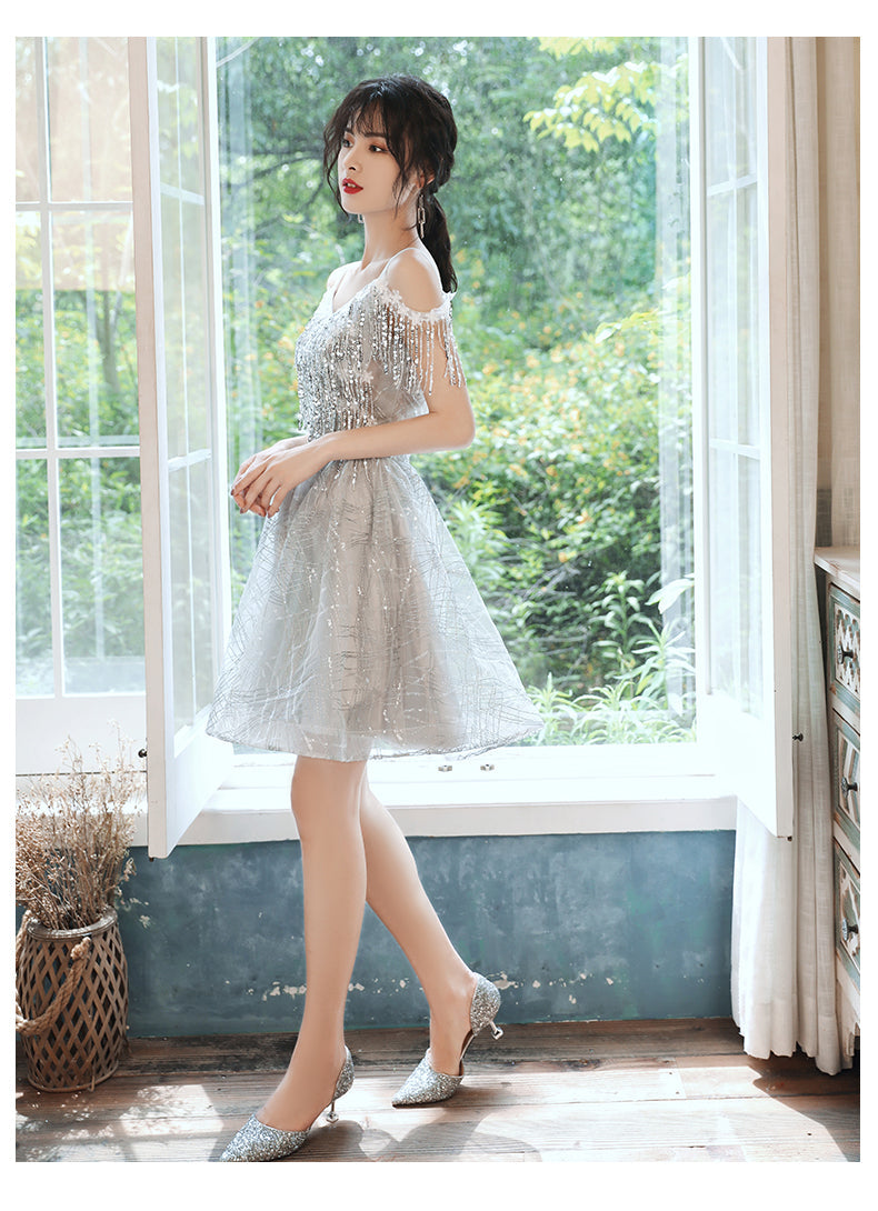 Gray sequins short prom dress evening dress  8326