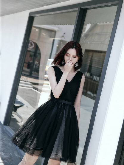 Black v neck tulle short prom dress, homecoming dress  8060