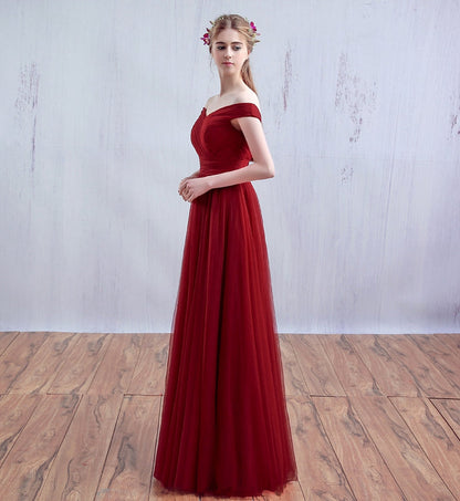 Burgundy v neck tulle long prom dress, burgundy evening dress  7902