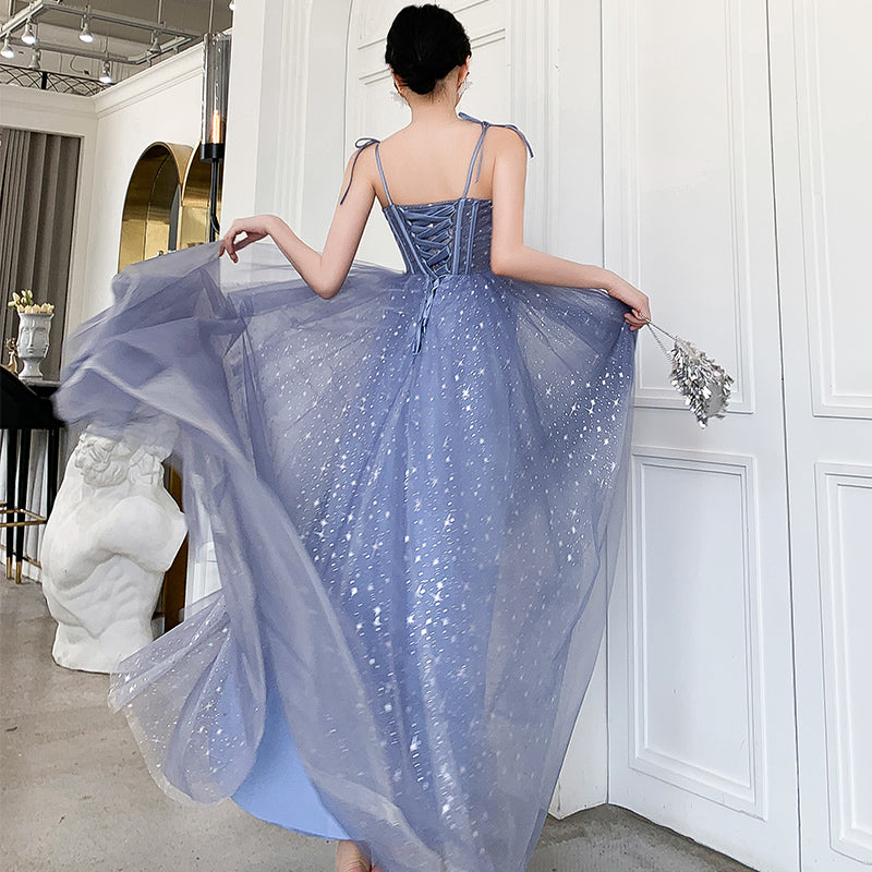 Blue tulle long prom dress, blue evening dress  8139