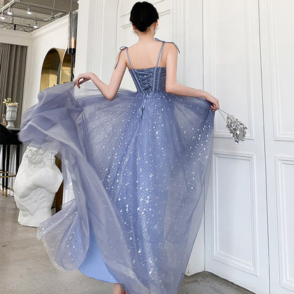Blue tulle long prom dress, blue evening dress  8139