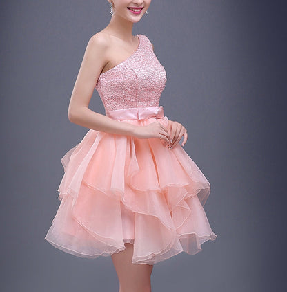 Charming A-line pink lace one shoulder short prom dress,homecoming dresses  7704