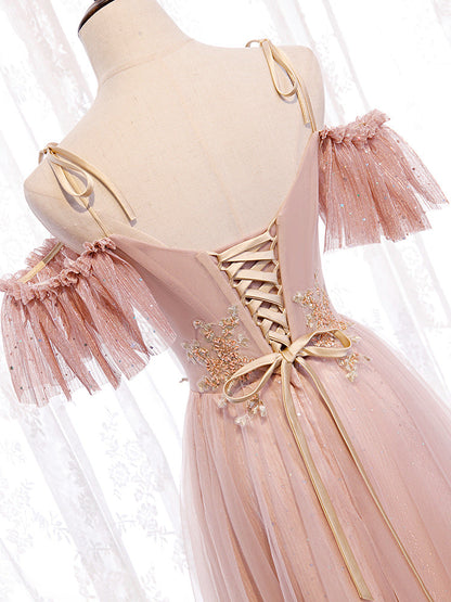 Pink tulle lace long prom dress evening dress  8349