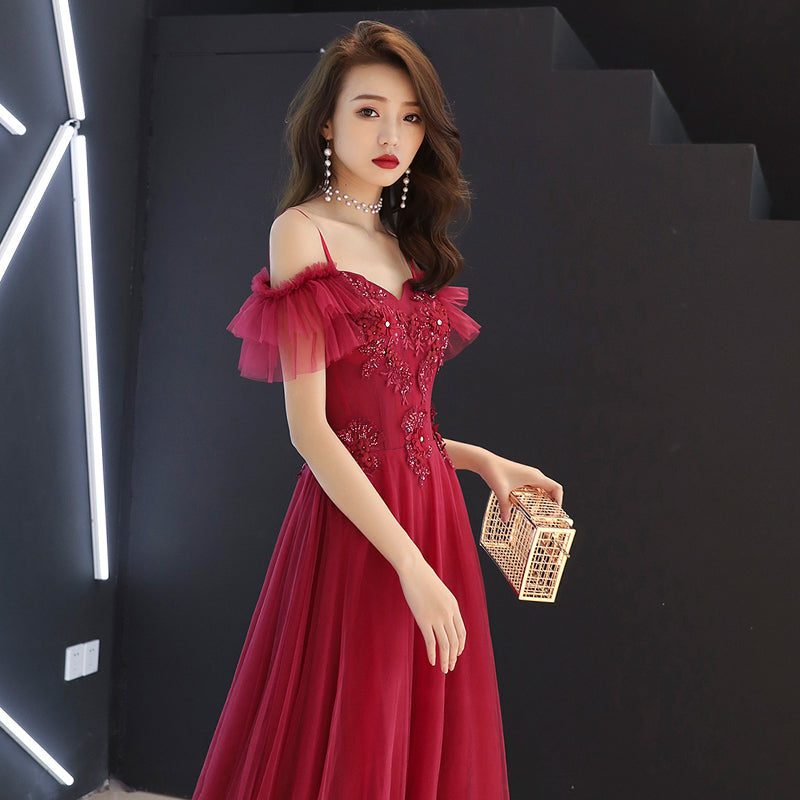 Burgundy tulle lace long prom dress, burgundy evening dress  7967