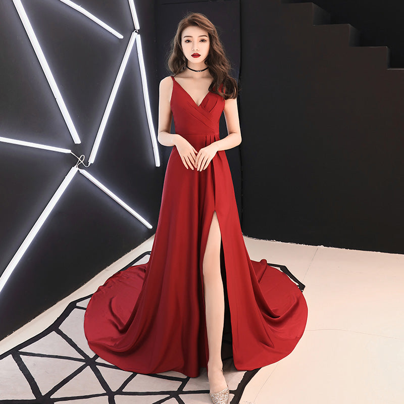Burgundy v neck chiffon long prom dress, evening dress  7905