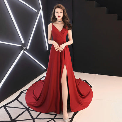 Burgundy v neck chiffon long prom dress, evening dress  7905