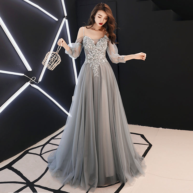 Gray lace tulle long prom dress, long sleeve evening dress  8081
