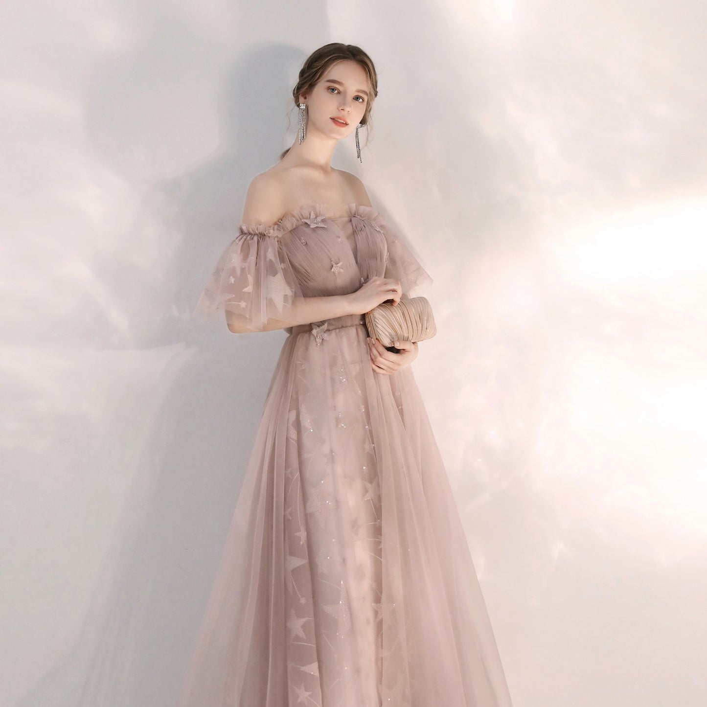 Light pink tulle long prom gown  8170