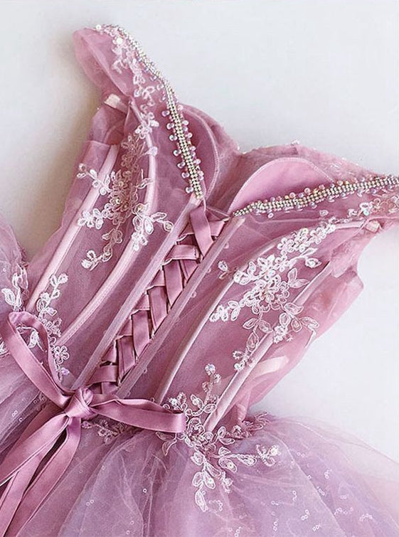 Pink tulle lace short prom dress, pink evening dress  8006