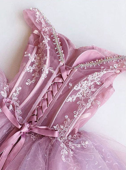 Pink tulle lace short prom dress, pink evening dress  8006