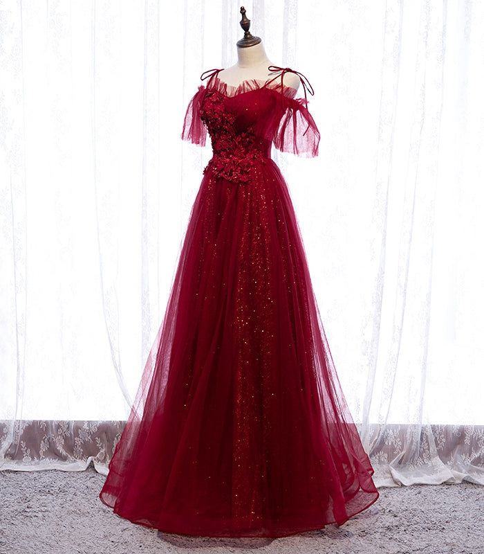 Burgundy tulle lace long prom dress evening dress  8305