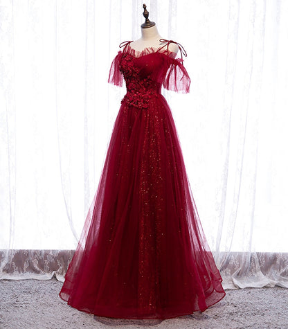 Burgundy tulle lace long prom dress evening dress  8305