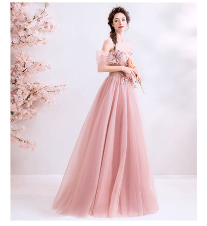 Pink tulle lace long prom dress, pink evening dress  8077