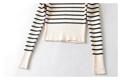 U-neck striped long sleeve slim fitting bottomed sweater for women  7736