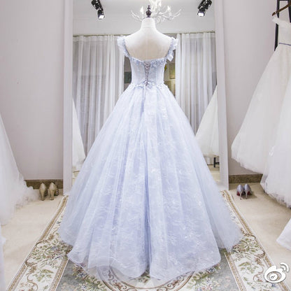 Blue tulle lace long prom dress evening dress  8216