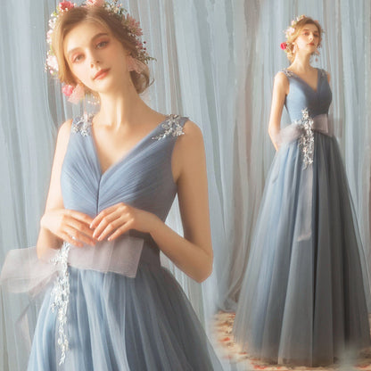 Blue v neck tulle lace long prom dress, blue evening dress  7848