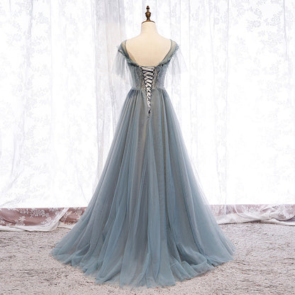 Gray tulle long ball gown dress evening dress  8317