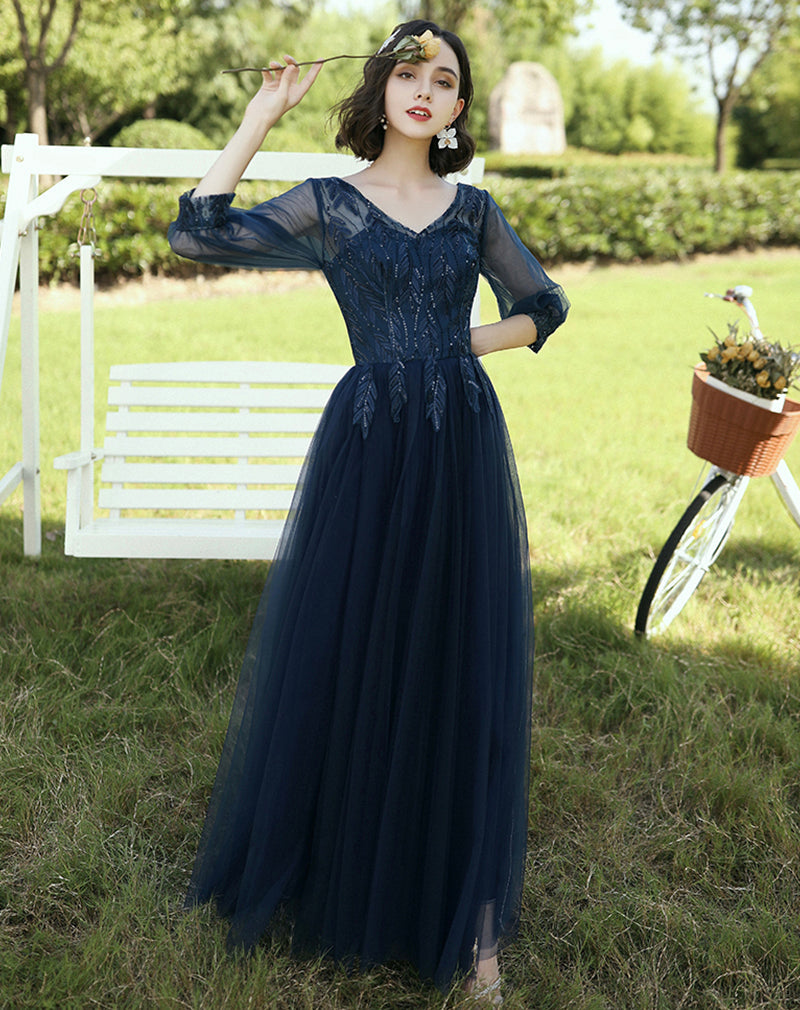 Blue tulle lace long prom dress blue evening dress  8404