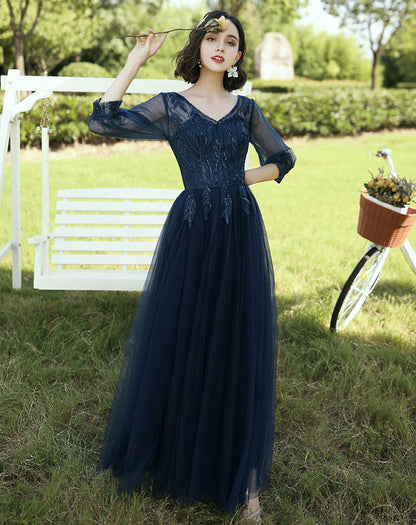 Blue tulle lace long prom dress blue evening dress  8404