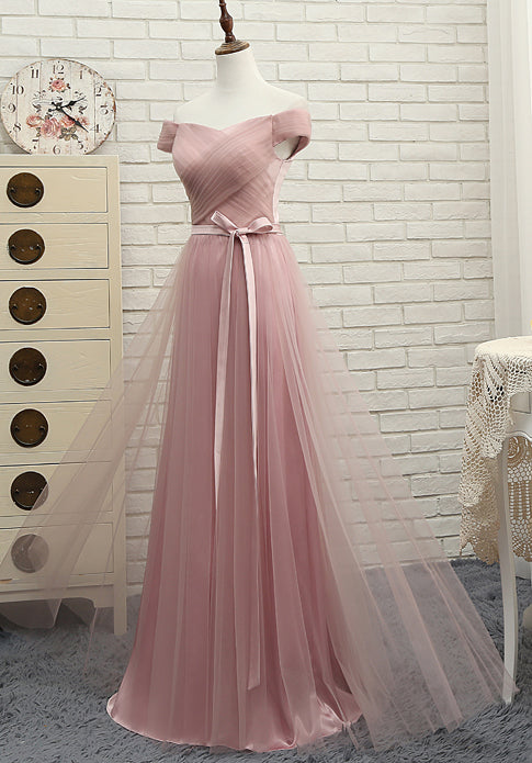 Pink tulle off shoulder A line long prom dress, pink evening dresses  7795