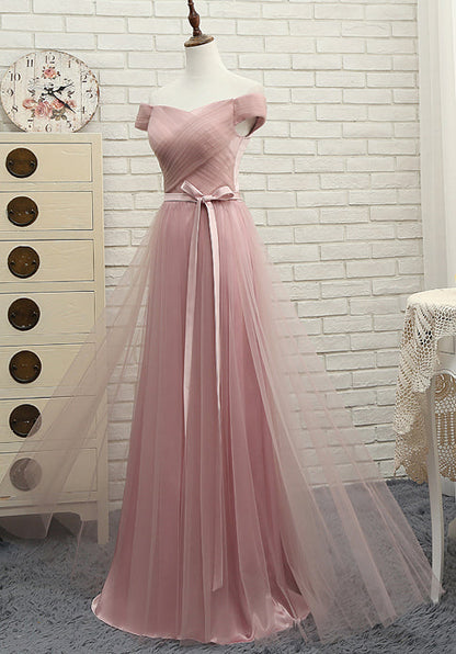 Pink tulle off shoulder A line long prom dress, pink evening dresses  7795
