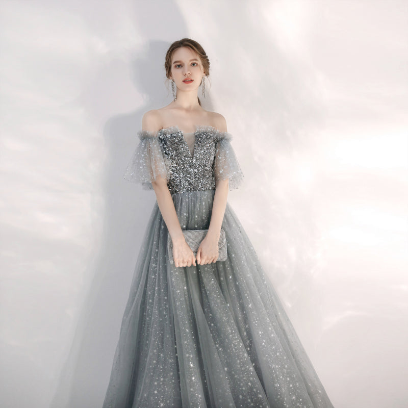 Gray tulle sequins long prom gown  8169
