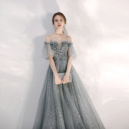 Gray tulle sequins long prom gown  8169