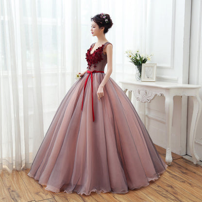 A line v neck lace tulle long prom dress, evening dress  7996