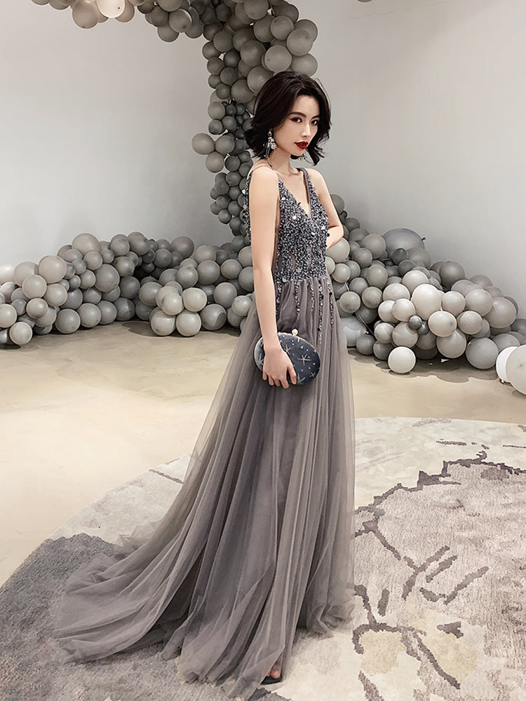 Dark gray v neck tulle long prom dress, evening dress  8057
