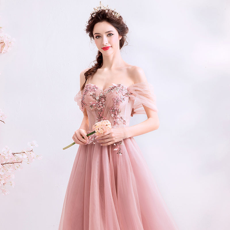 Pink tulle lace long prom dress, pink evening dress  8077