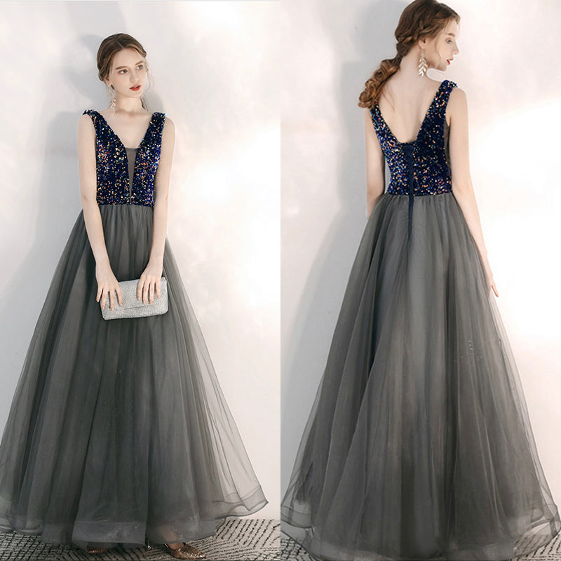 Gray v neck sequins long prom gown  8167