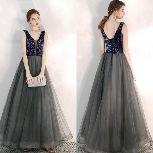 Gray v neck sequins long prom gown  8167