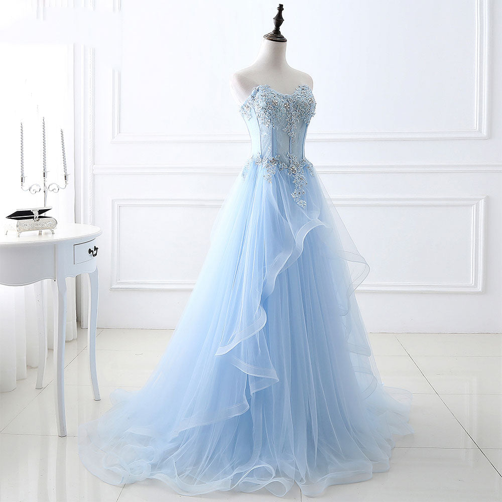 Blue tulle lace long prom dress, blue lace evening dress  8039