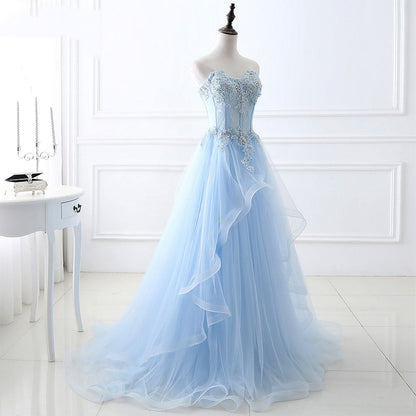 Blue tulle lace long prom dress, blue lace evening dress  8039