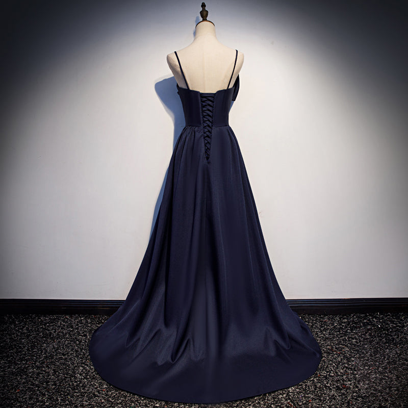 Dark blue satin long prom dress, simple evening dress  8074