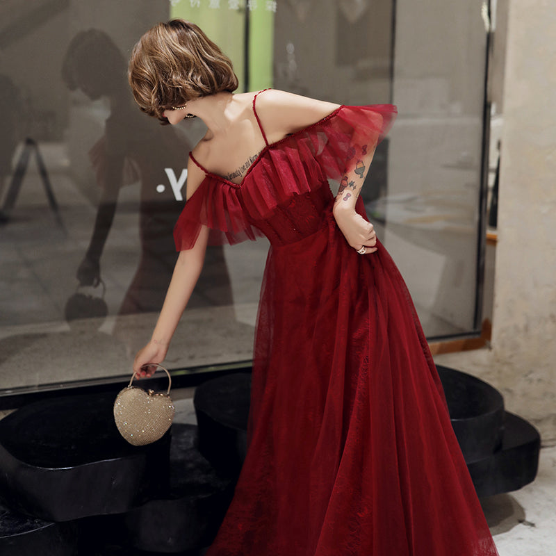 Burgundy lace long prom dress simple evening dress  8227