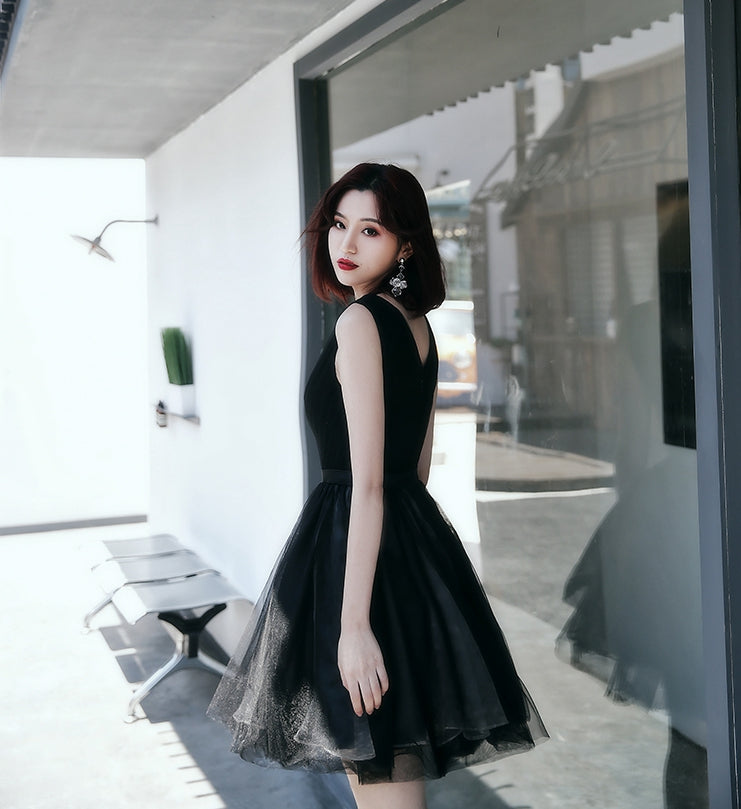 Black v neck tulle short prom dress, homecoming dress  8060