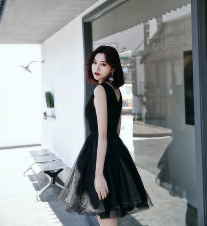 Black v neck tulle short prom dress, homecoming dress  8060