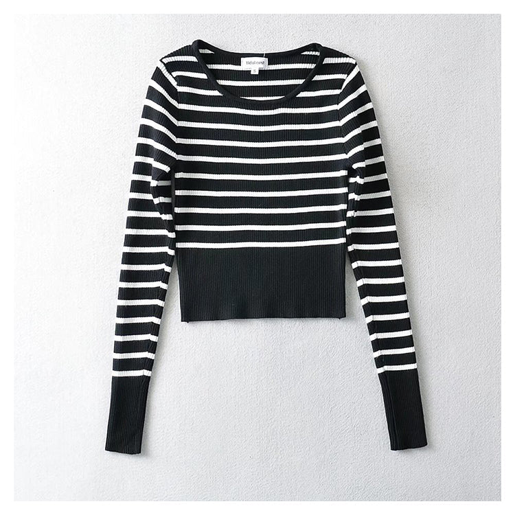 U-neck striped long sleeve slim fitting bottomed sweater for women  7736