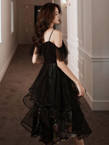 Unique design black tulle short prom dress  8358