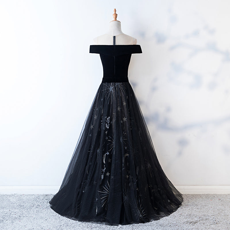 Black tulle velvet long prom dress, evening dress  7992