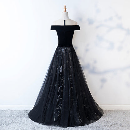 Black tulle velvet long prom dress, evening dress  7992