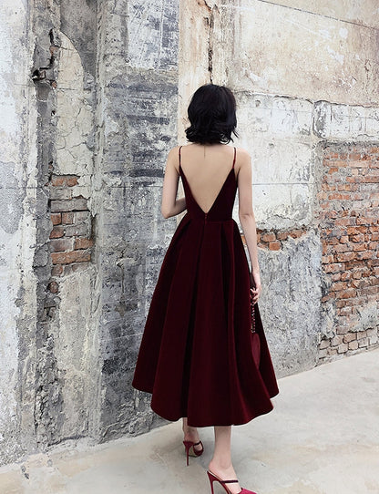 Simple burgundy velvet short prom dress  8184