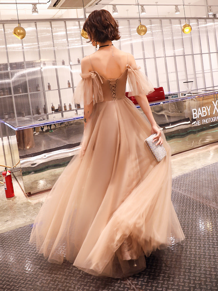 Coffee tulle lace long prom dress evening dress  8212