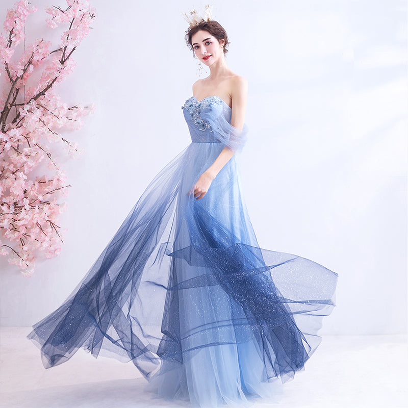 Blue tulle lace long prom dress party dress  8201
