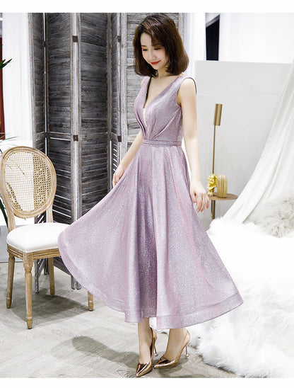 Shiny v neck short prom dress blue evening dress  8361