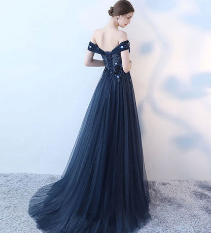 Blue tulle lace long pro dress, blue evening dress  8154