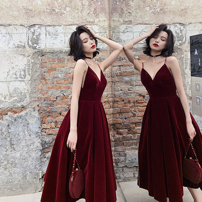Simple burgundy velvet short prom dress  8184